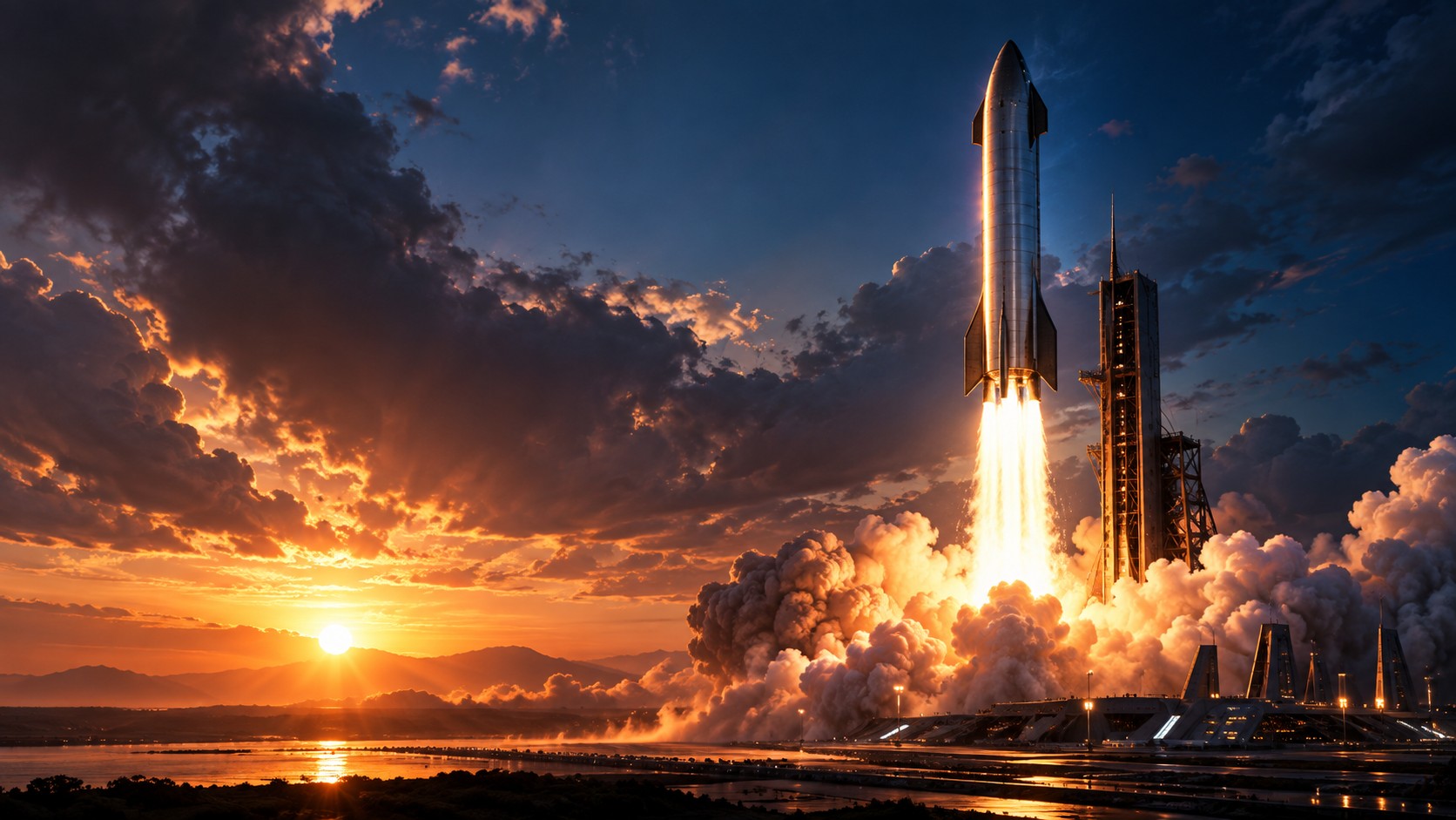A towering rocket lifting off at sunset with smoke and fire.