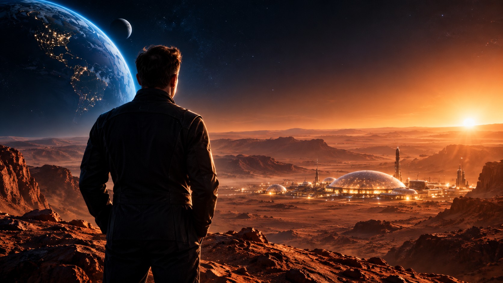 A lone figure overlooking a glowing settlement on Mars at dawn.