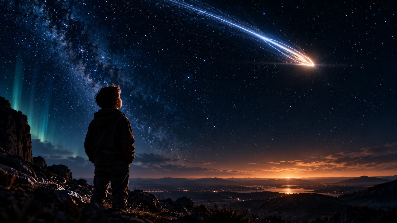 A child watching a brilliant streak cross a star-filled night sky.